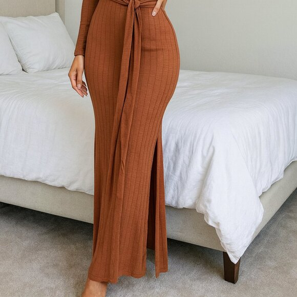 NWT Topshop Rib Knit Tie Waist Fall Brown Bodycon Fitted Dress With Slits - Picture 4 of 8